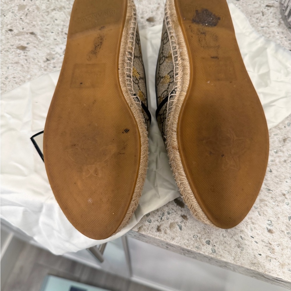 Gucci Brown & Gold Monogram Bee Espadrille Flats - Picture 7 of 8